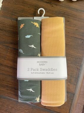 Modern Baby 2-Pack Kids Swaddles in Olive Green Dinosaur & Mustard